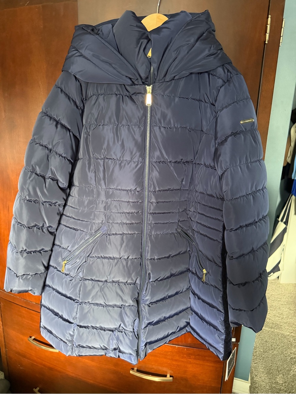 Laundry By Shelli Segal Navy Quilted Hooded Puffer Coat